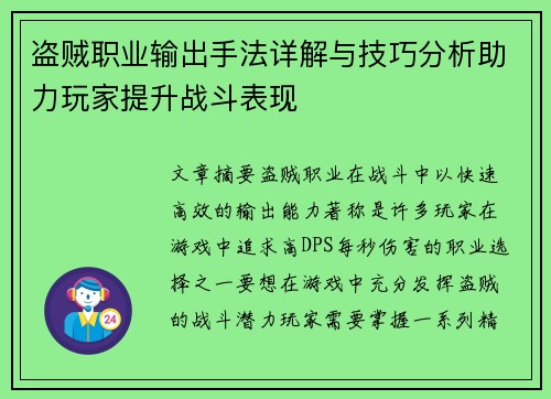 盗贼职业输出手法详解与技巧分析助力玩家提升战斗表现